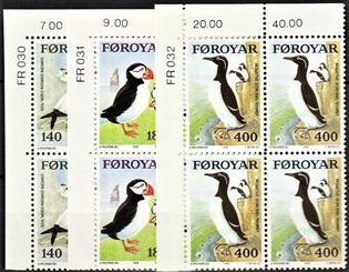 FRIMÆRKER FÆRØERNE | 1978 | AFA 30-32 | Færøske fugle - 140 - 400 øre komplet sæt i marginal 4-blokke - Postfrisk